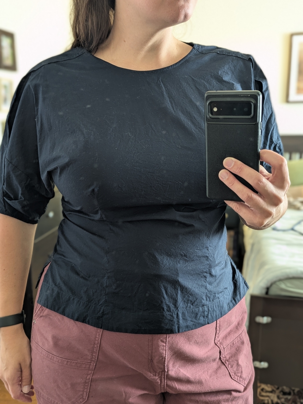 Navy Tailored Top With Statement Sleeve